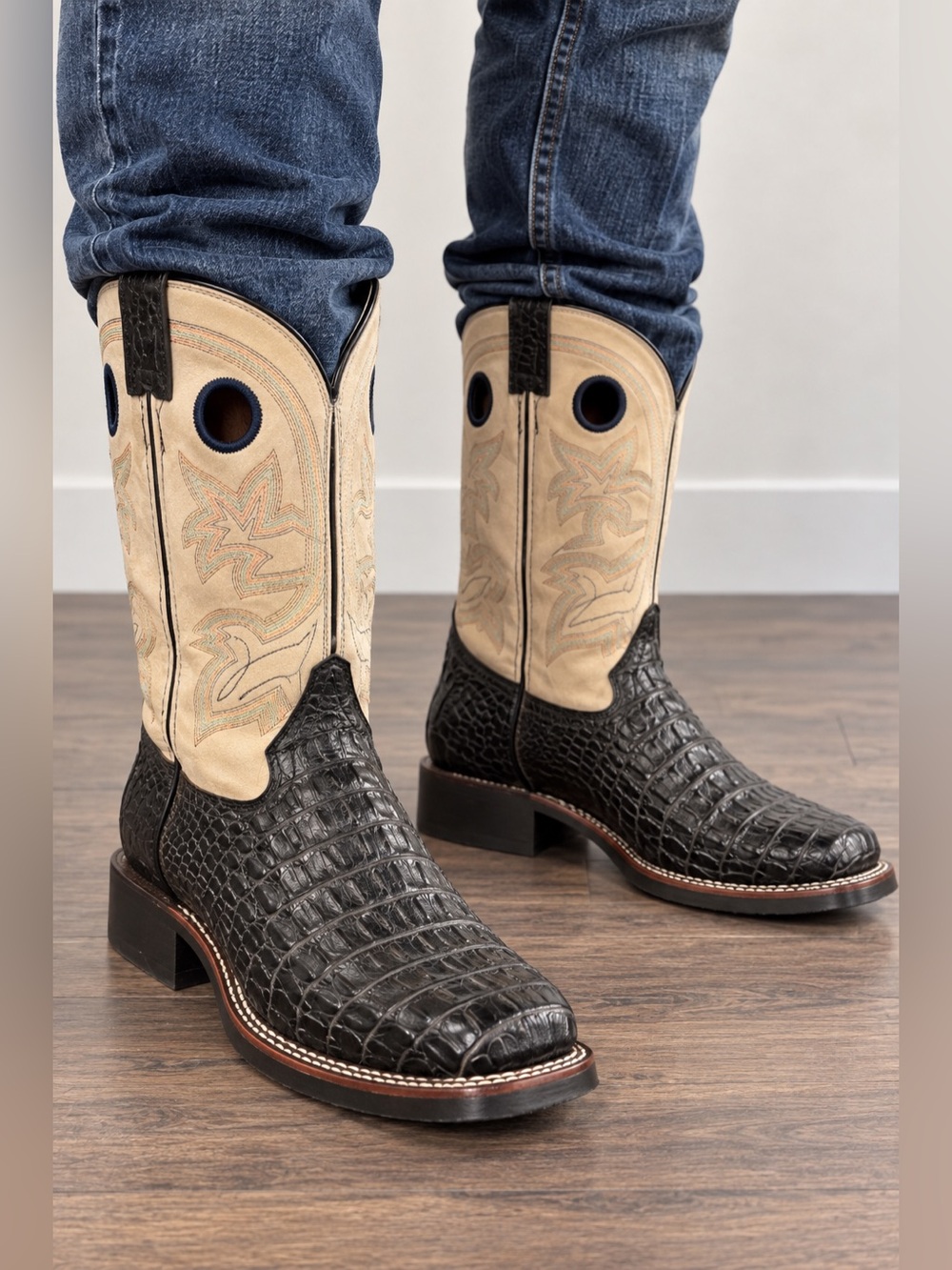 Double-H Mens Western Steel Toe Boots Black Croc Embossed Leather Size 10D